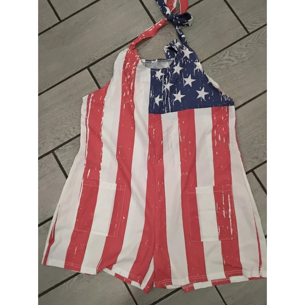 American Flag Romper Patriotic Stars and Stripes Halter Neck Jumpsuit-L